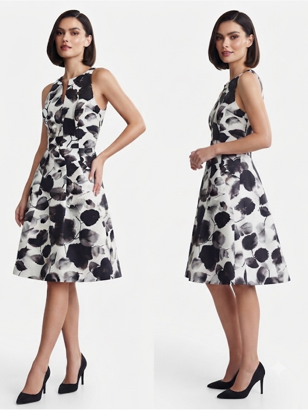 Milly Black & White Floral A-Line Fit and Flare Cocktail Dress